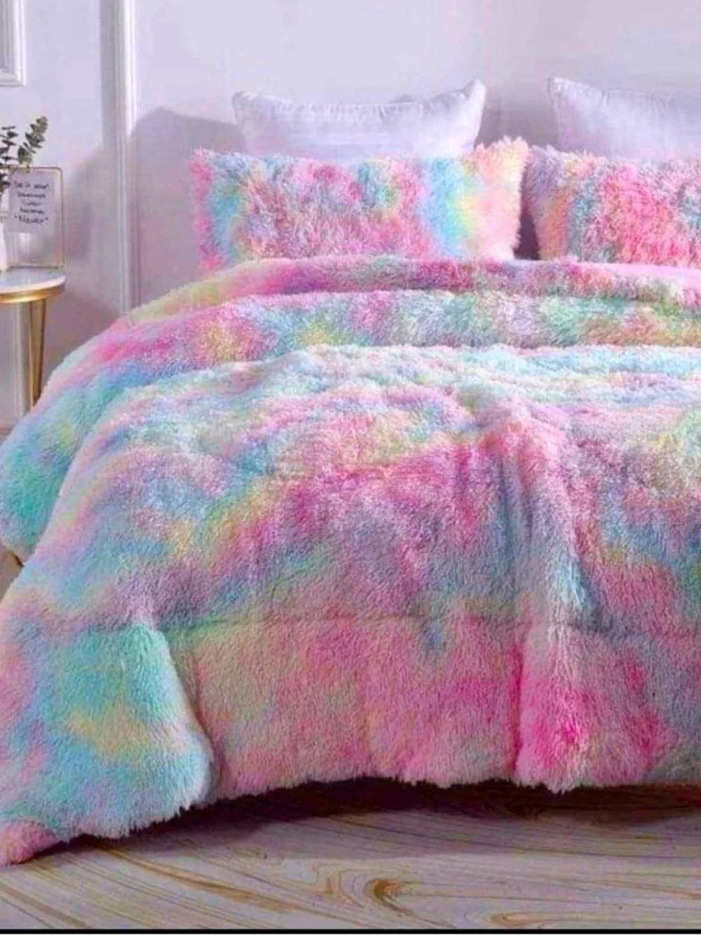 Plush Rainbow Faux-Fur Comforter Set - Pastel Multicolor